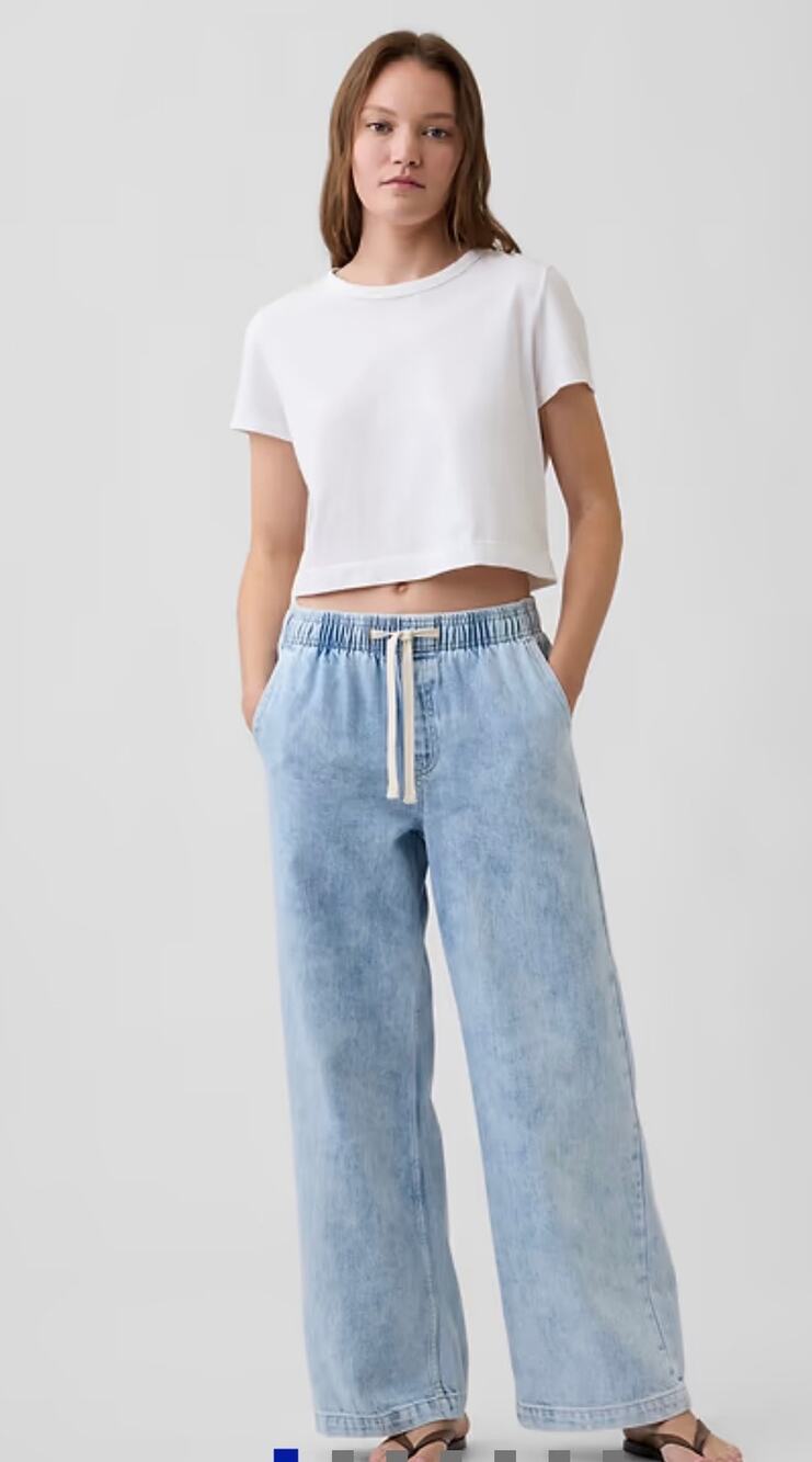 Gap High Rise Light-Wash Wide-Leg Pull-On Relaxed Elastic Waistband Jeans-Size M